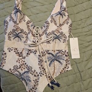Palm-Print Tie-Waist One-Piece Swimsuit in Ivory and Blue